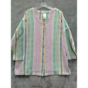 Colorful Button Front Shirt Womens 22W Seersucker Pastel Striped Cotton Shirt